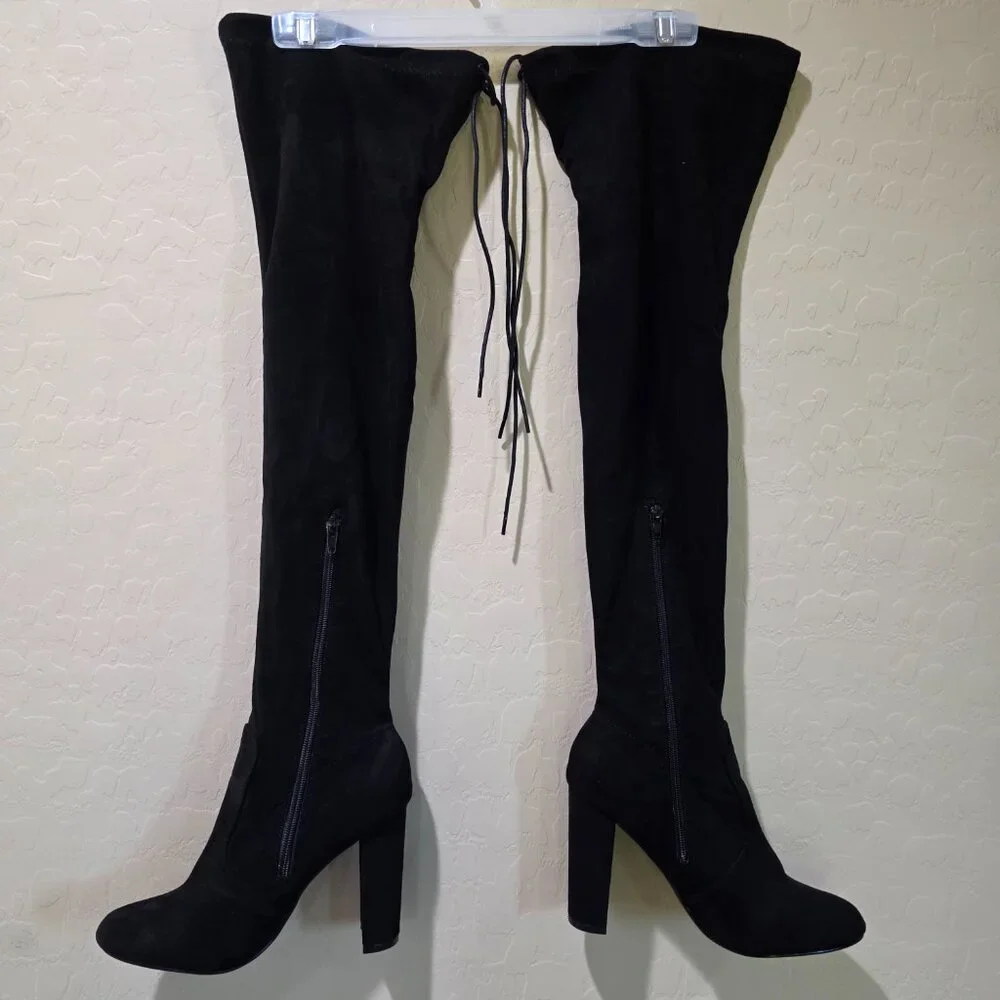 NWOT Black Faux Suede Over the Knee Thigh High Heeled Winter Goth Boots Boot 39